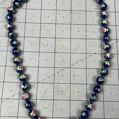 Very Nice Enamel Blue Flower Bead Necklace