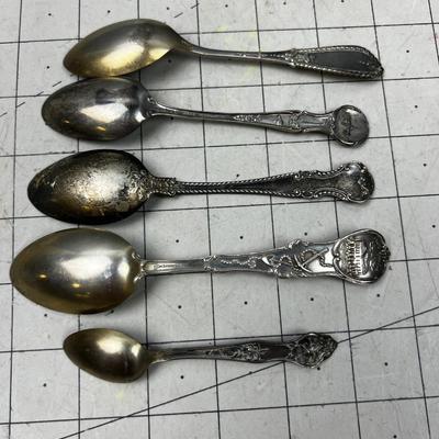 5 Antique Sterling Silver Souvenir Spoons