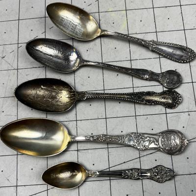 5 Antique Sterling Silver Souvenir Spoons