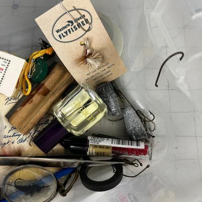 Mixed Lot of Fishing Gear: Line, Hooks, Hook Sharpener, Fly's etc.