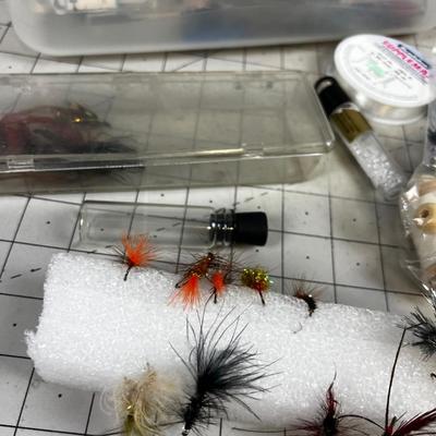 Mixed Lot of Fishing Gear: Line, Hooks, Hook Sharpener, Fly's etc.