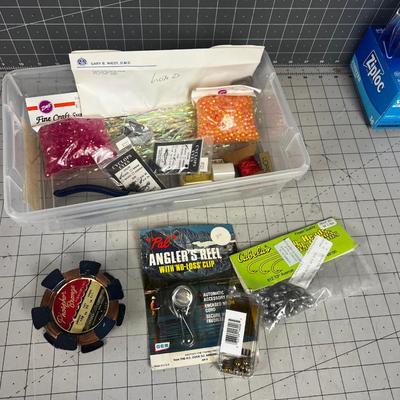 Tub of Jig Heads, Copper Line, Beads - Misc. Fly tying plus the tub. 