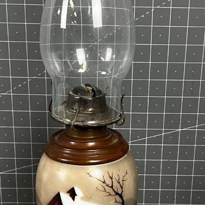 Antique oil Lamp, Glass Painted Cabin   