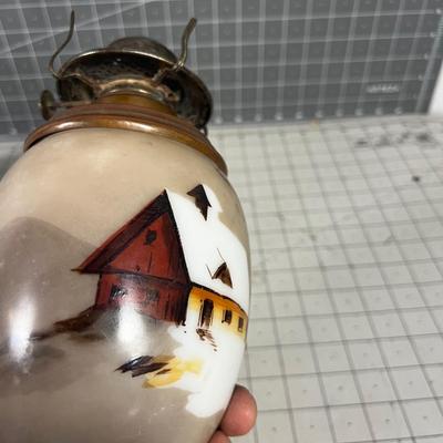 Antique oil Lamp, Glass Painted Cabin   
