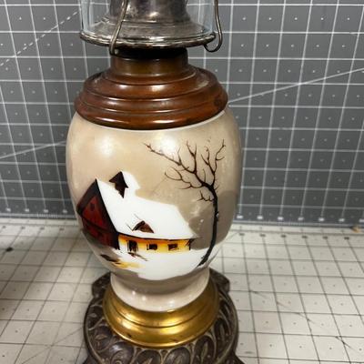 Antique oil Lamp, Glass Painted Cabin   