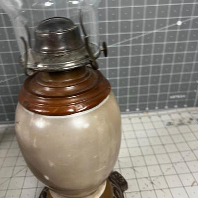 Antique oil Lamp, Glass Painted Cabin   