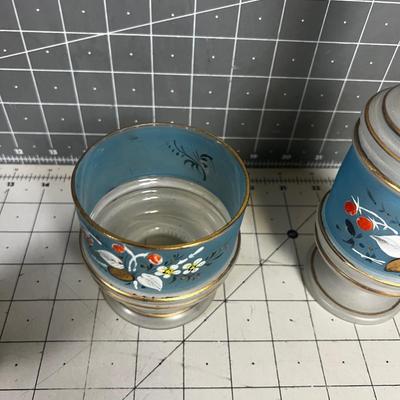 Dresser Set of 3 Blue & Gold Trim Glass Decorative Antique Jars.