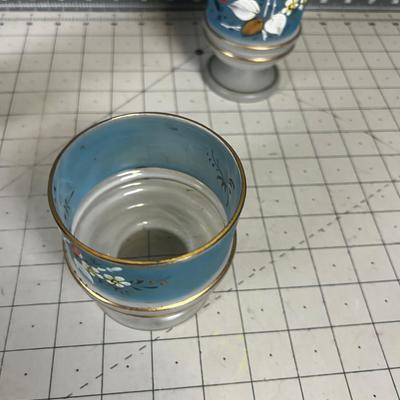 Dresser Set of 3 Blue & Gold Trim Glass Decorative Antique Jars.