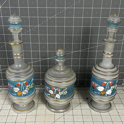Dresser Set of 3 Blue & Gold Trim Glass Decorative Antique Jars.