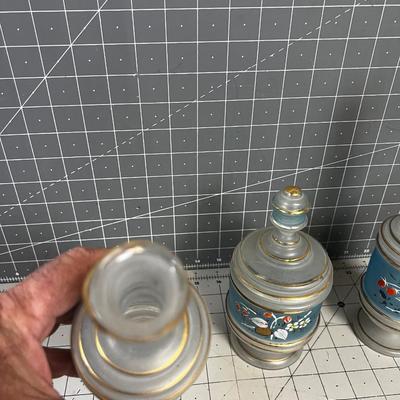 Dresser Set of 3 Blue & Gold Trim Glass Decorative Antique Jars.