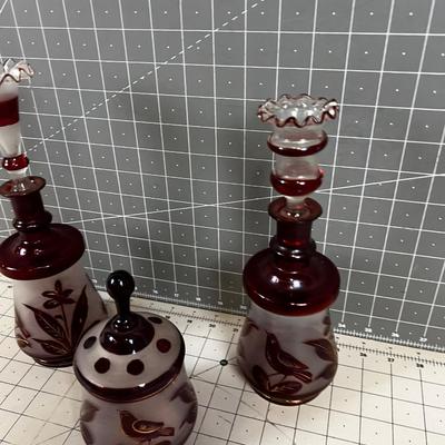 Czechoslovakian 3 Piece Ruby Red Glass Dressing Set: Bird Design 