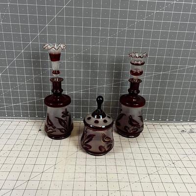 Czechoslovakian 3 Piece Ruby Red Glass Dressing Set: Bird Design 