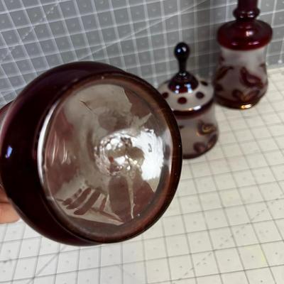 Czechoslovakian 3 Piece Ruby Red Glass Dressing Set: Bird Design 
