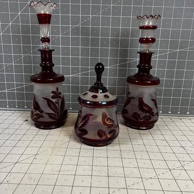 Czechoslovakian 3 Piece Ruby Red Glass Dressing Set: Bird Design 