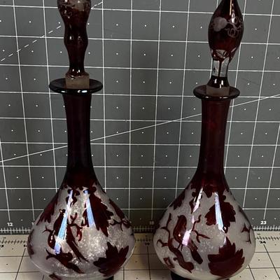 2 Red Bohemian Perfume Bottles - Birds and Leaves