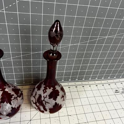 2 Red Bohemian Perfume Bottles - Birds and Leaves