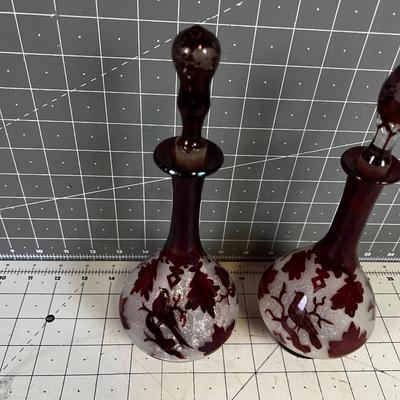 2 Red Bohemian Perfume Bottles - Birds and Leaves