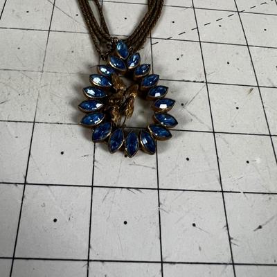 Copper Tone, Antique, Pendant Necklace with Multi Strands Gorgeous Lighter Blue Rhinestones. 