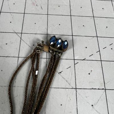 Copper Tone, Antique, Pendant Necklace with Multi Strands Gorgeous Lighter Blue Rhinestones. 