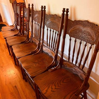 Set of 6 Antique Pressback Spindle Oak Chairs