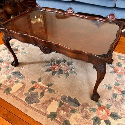 Antique French Style Glass Top Carved Wood Coffee Table