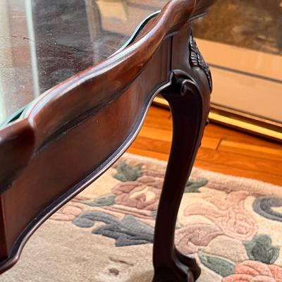 Antique French Style Glass Top Carved Wood Coffee Table