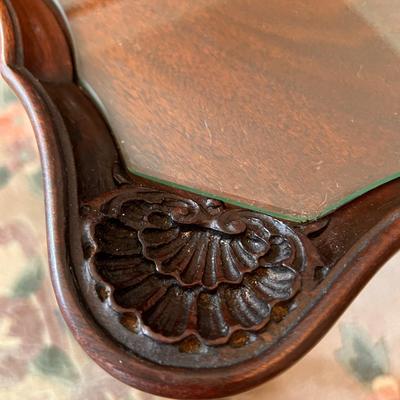 Antique French Style Glass Top Carved Wood Coffee Table