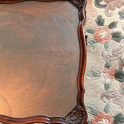 Antique French Style Glass Top Carved Wood Coffee Table