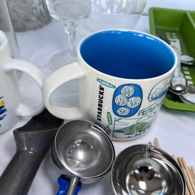 Blue White Cookie jar, Mugs, Pitcher, Coffee server, Starbucks mug
