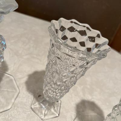 Fostoria, American candleholders and bud vase