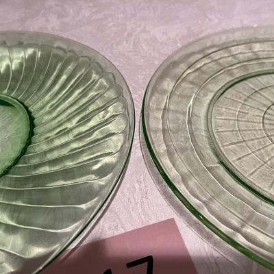 Two Green depression ware plates