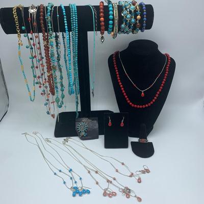 Large Collection of Southwestern Style Red Coral and Turquoise Necklaces and More (B3-KW)