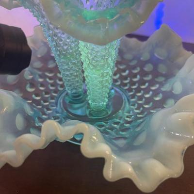 Glowing Fenton blue opalescent hobnail epergneâ€™