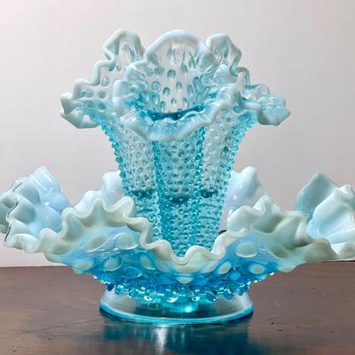 Glowing Fenton blue opalescent hobnail epergneâ€™