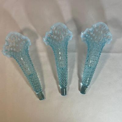 Glowing Fenton blue opalescent hobnail epergneâ€™