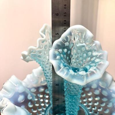 Glowing Fenton blue opalescent hobnail epergneâ€™