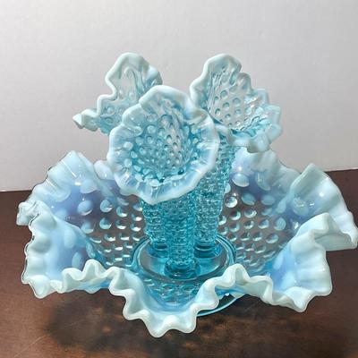 Glowing Fenton blue opalescent hobnail epergneâ€™