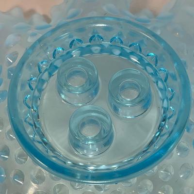 Glowing Fenton blue opalescent hobnail epergneâ€™