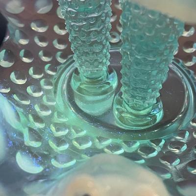 Glowing Fenton blue opalescent hobnail epergneâ€™