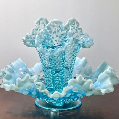 Glowing Fenton blue opalescent hobnail epergneâ€™