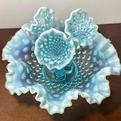 Glowing Fenton blue opalescent hobnail epergneâ€™