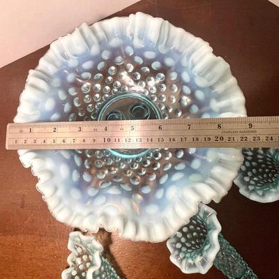 Glowing Fenton blue opalescent hobnail epergneâ€™