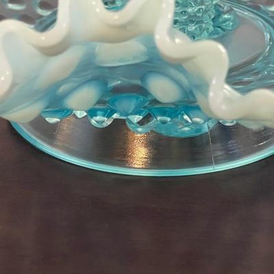 Glowing Fenton blue opalescent hobnail epergneâ€™