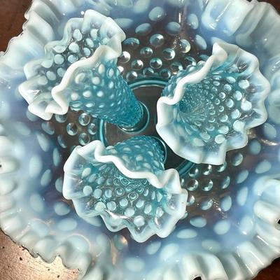 Glowing Fenton blue opalescent hobnail epergneâ€™