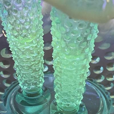 Glowing Fenton blue opalescent hobnail epergneâ€™