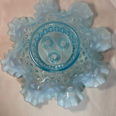 Glowing Fenton blue opalescent hobnail epergneâ€™