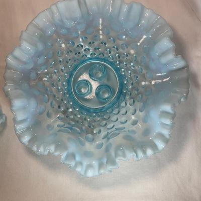 Glowing Fenton blue opalescent hobnail epergneâ€™