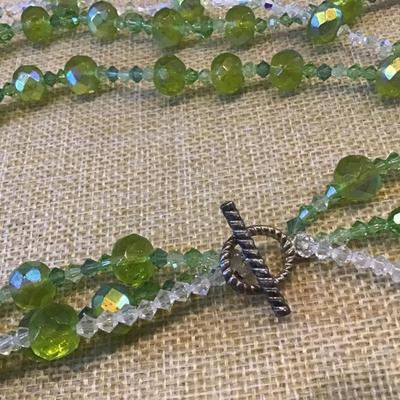 Vintage, green crystal necklace three strand. Iridescent