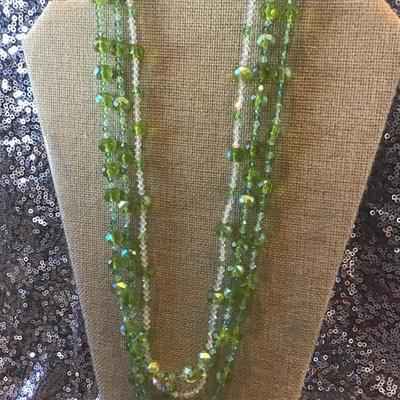 Vintage, green crystal necklace three strand. Iridescent