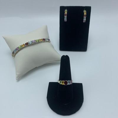 Multicolored Gemstone Ring, Bracelet, and Earring Set (B3-KW)
